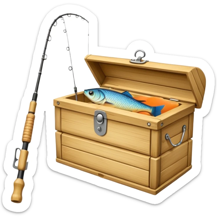 A fishing rod with reel and line neatly coiled beside a bait box. sticker