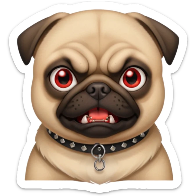 angry pug emoji with intense red eyes, small fangs, black spiked collar, fierce and funny expression, 2D bright and clean style, comic touch sticker