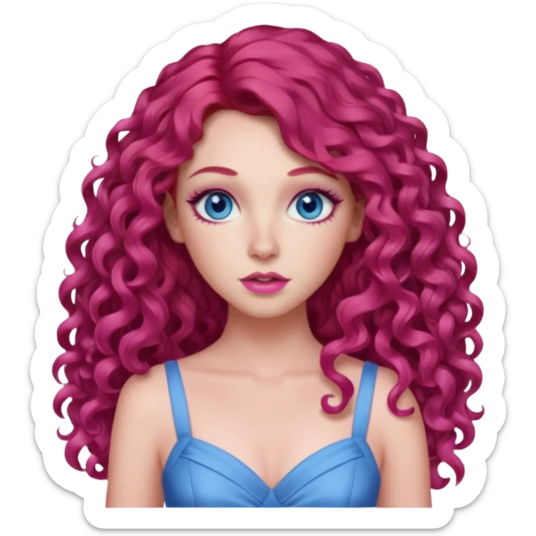 Chappell Roan long red curly hair, blue eyes, pink eyeshadow and lip, pink dress sticker