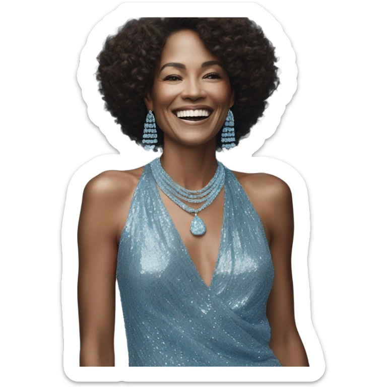 smiling woman in blue sequin dress with david yurman aquamarine necklace and earrings sticker