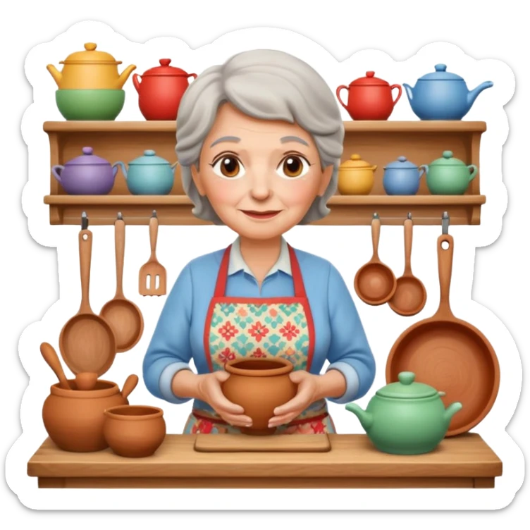 cartoon Apple iOS emoji style rural elderly woman, pastel colors, Chilean wooden kitchen background, clay pots, warm light, detailed and clean vector art sticker