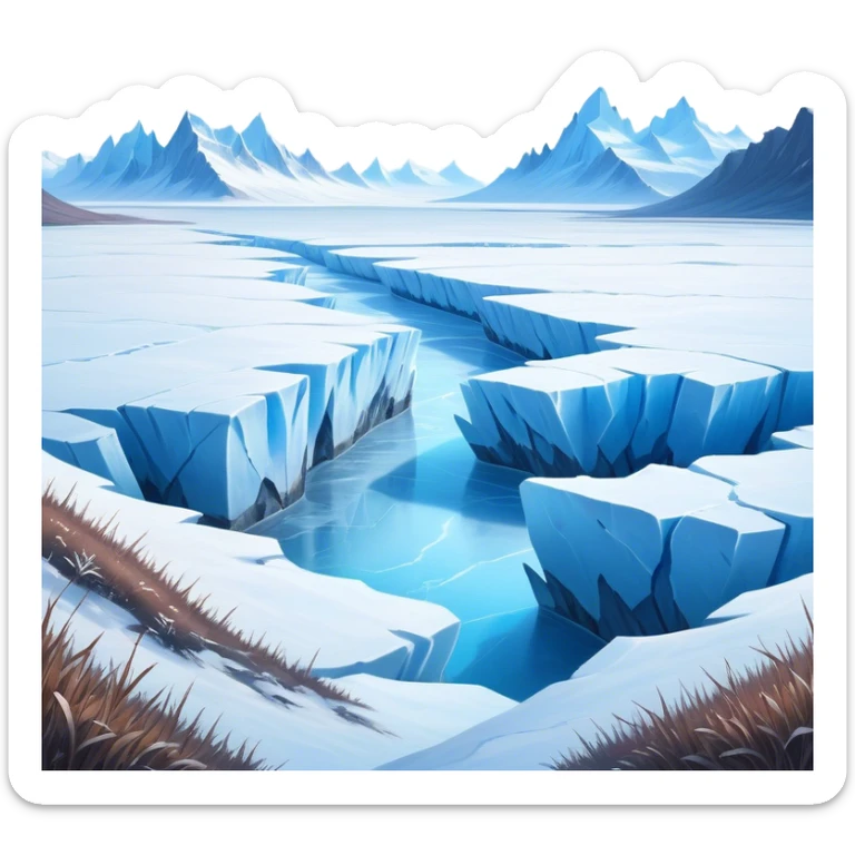 Cinematic Realistic Tundra with Glaciers Emoji in a wooden frame, Vast and frozen, with endless expanses of snow-covered ground interrupted by massive glaciers creeping across the landscape. Jagged ice formations rise in the distance, their icy blue tones contrasting with the pale, frosty sky above. Sparse grasses and hardy shrubs cling to the frozen earth, fighting against the relentless cold. The light reflects off the snow and glaciers, casting a soft glow across the desolate yet majestic terrain. Soft glowing outline, capturing the essence of a serene, stark wilderness where glaciers dominate and life endures in the harshest conditions. sticker