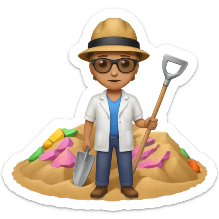 pile of sand with a shovel clabber with a scientist nearby sticker