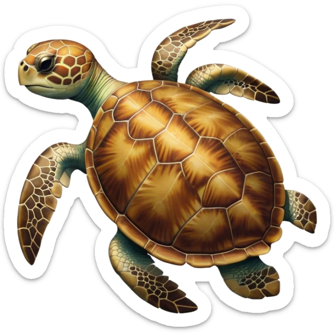Cinematic Realistic Noble Sea Turtle Portrait Emoji, Poised and dignified, with a robust, time-worn shell intricately patterned in earthy tones and a weathered, wise face with deep, observant eyes, rendered with lifelike texture and natural, diffused light; high shine, intelligent and serene, styled with an air of oceanic majesty, focused and attentive, soft glowing outline, capturing the essence of a watchful and confident sea turtle that appears to glide out of the screen with timeless authority! sticker