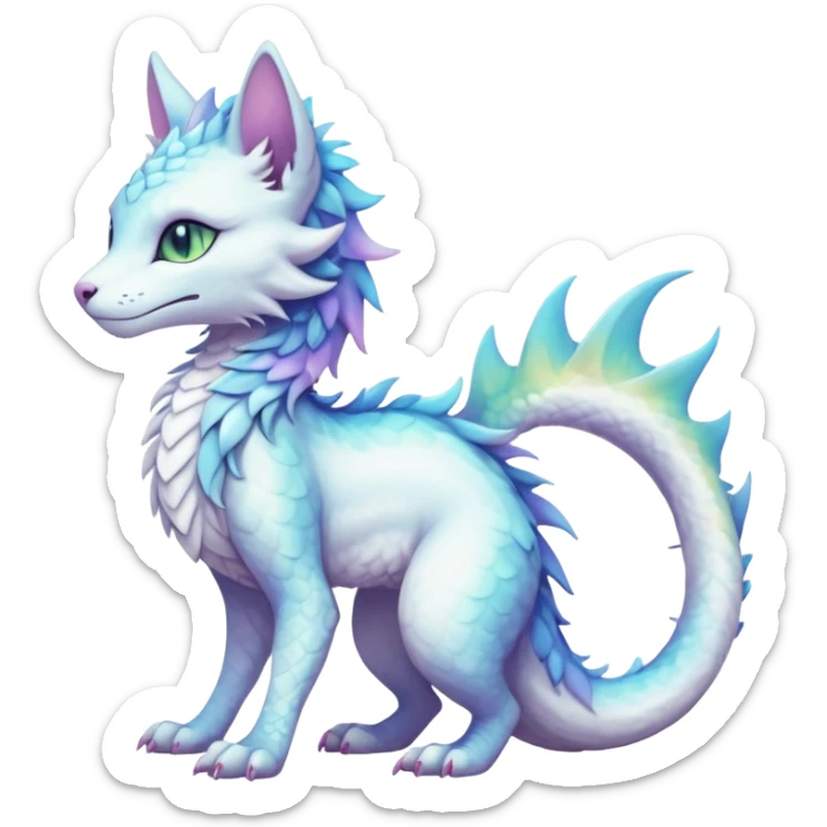 Kawaii white pastel iridescent beautiful pretty elegant divine edgy fantasy feline-vernid-sergal-Haku-dragon-fursona animal creature with a tufted tail full body with intricate markings  sticker