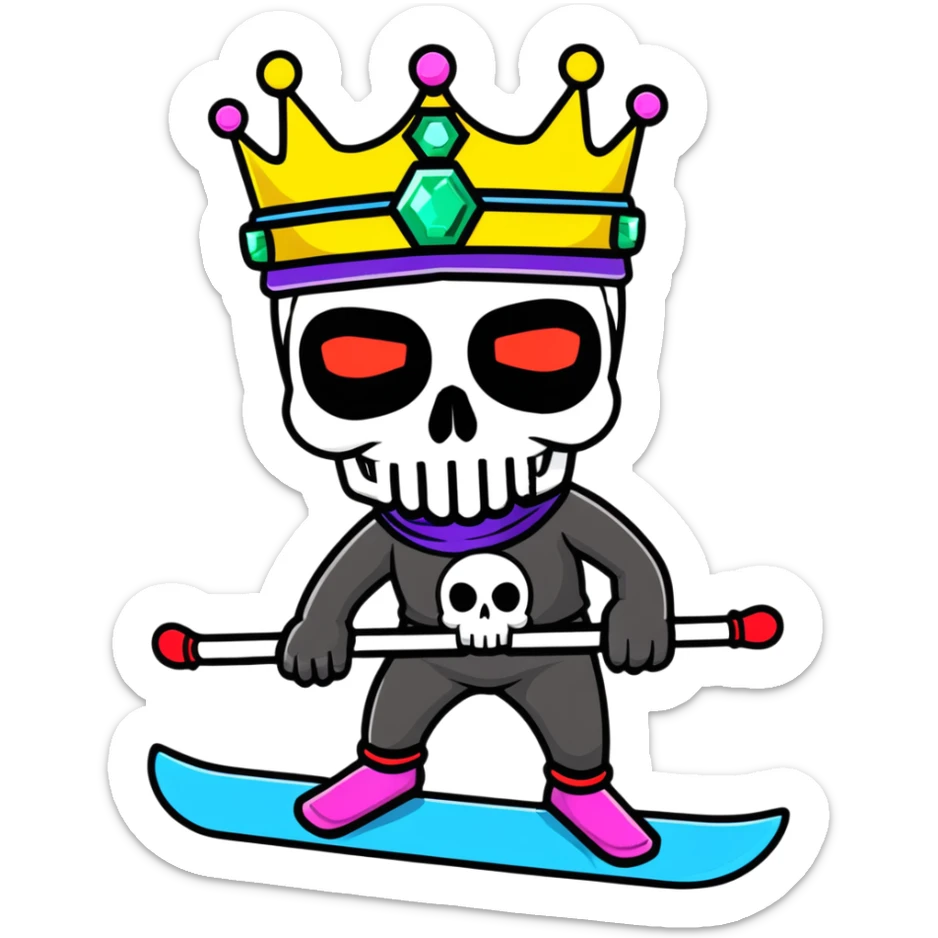 vibrant multicolored skull wearing a jeweled crown and bright colorful ski mask sticker