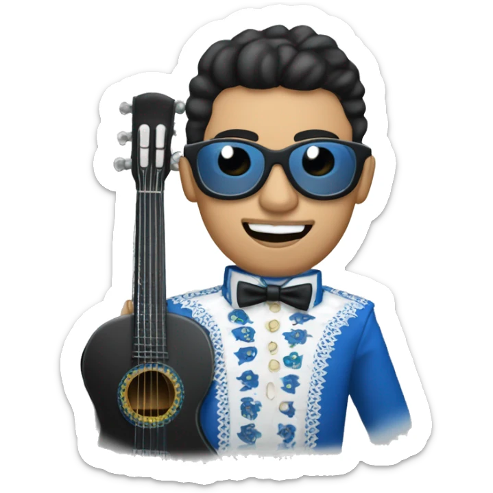 Mariachi de piel blanca con lentes vestido de azul con un micrófono en la mano sticker