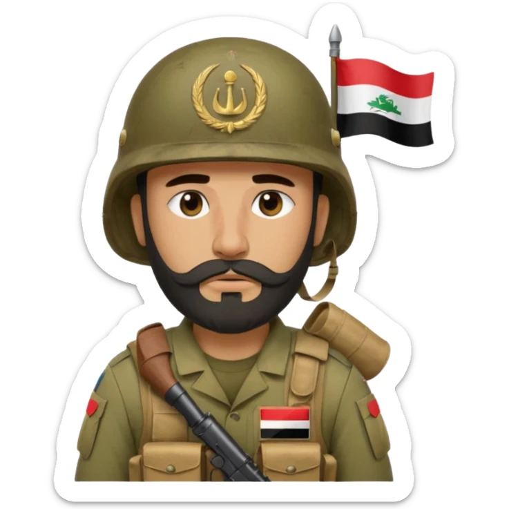 A very tired and sad, swarthy Iraqi soldier with a beard, an Iraqi flag on his helmet, a sad expression and bags under his eyes sticker