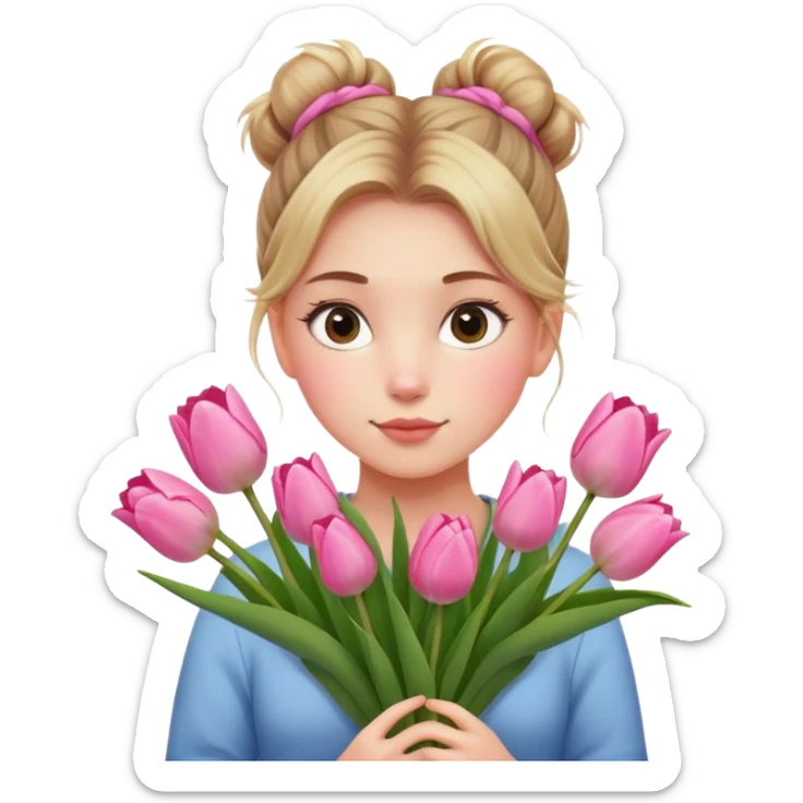 A girl with a messy bun, holding a bunch of pink tulips. sticker