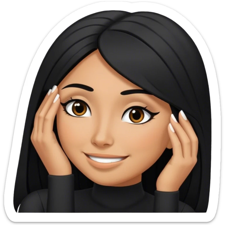 beautiful woman boss, with long straight black hair, with make up, black eye liner, smile, mexican, brown skin, wearing beautiful sexy black outfit, she’s posing her head in her hands shés shy sticker