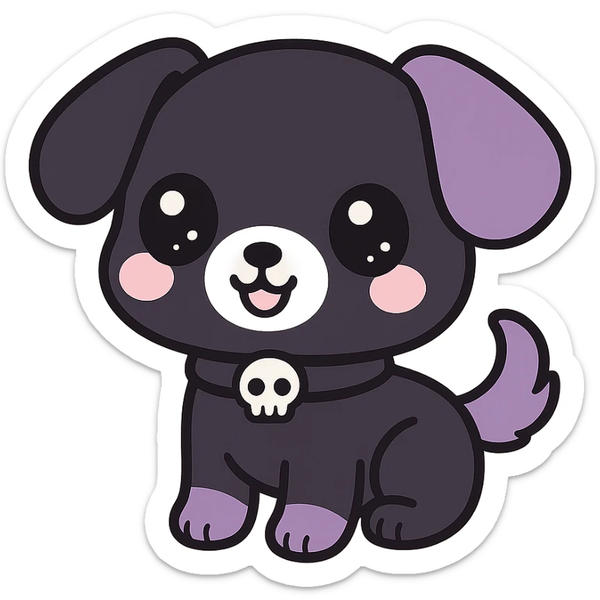 kawaii style gothic puppy, smiling face, black and purple fur, big eyes, tiny skull collar, fun and cute sticker