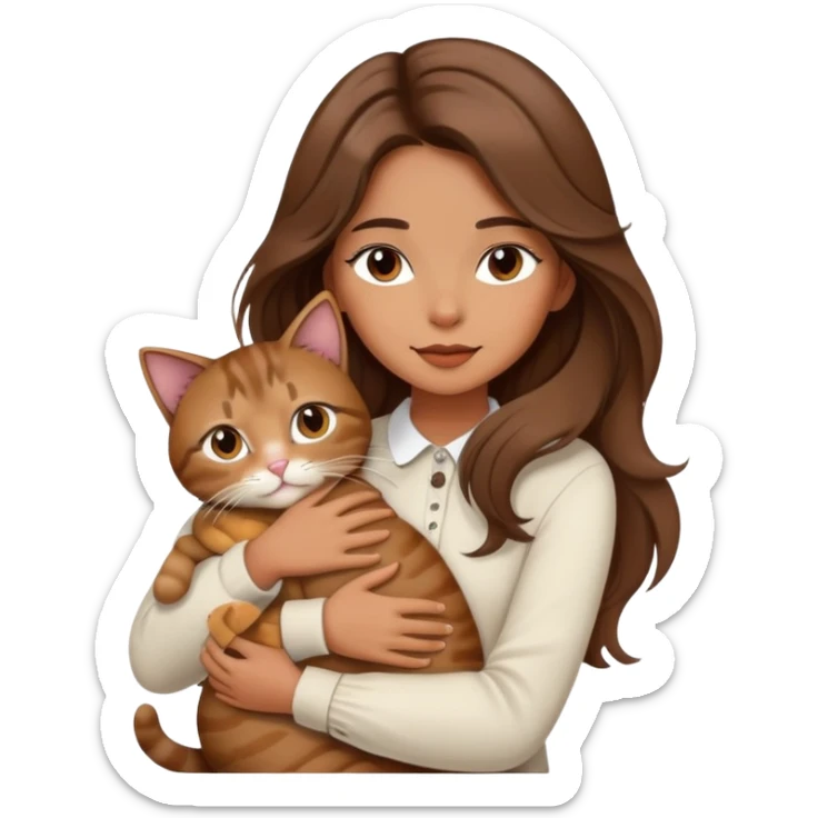 Fashionable girl with stylish outfit and long slightly wavy hair and hugging a cat sticker