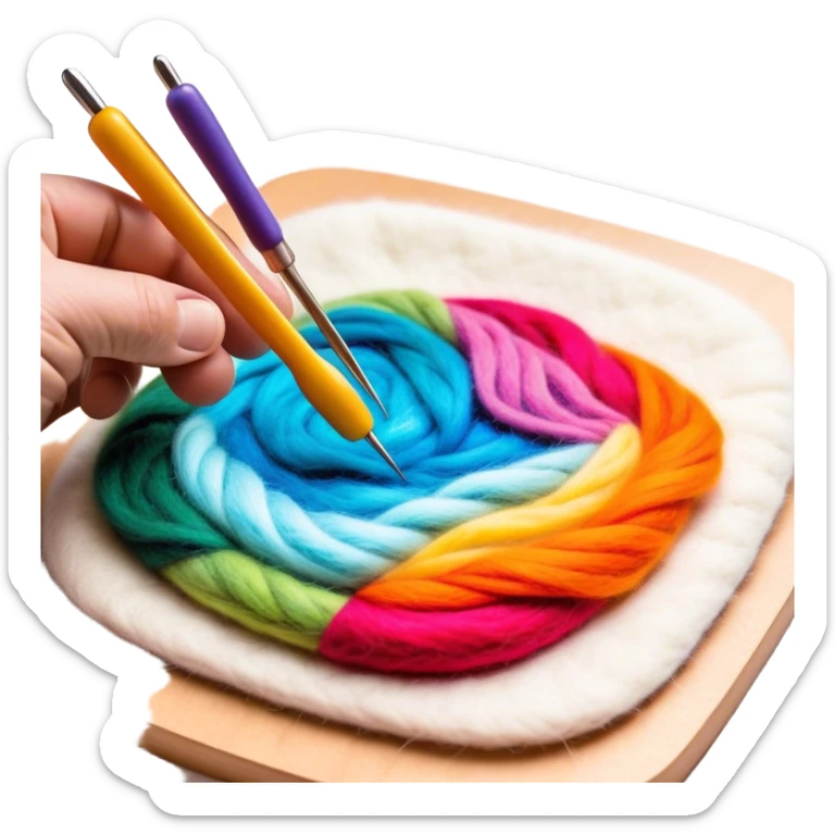 Felt art creation icon, layers of colorful felt being carefully shaped with felting needles into a picture or decorative design, visible hand tools like felting needles, no finished artwork, just the process of felting, minimalistic style, clean lines, transparent background. sticker
