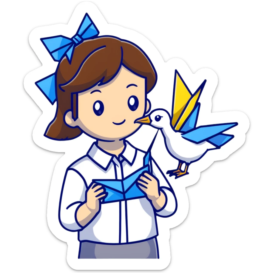 Ukrainian young girl with brown hair wearing a white embroidered shirt holds an origami yellow-blue crane sticker