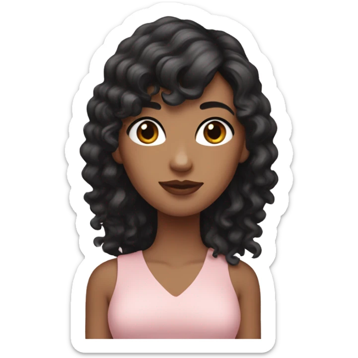 White woman with long black curly hair and bangs and dark brown eyes, wearing a pastel pink dress sticker