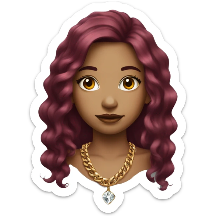 Girl with long burgundy hair, long eyelashes and has tattoos. She is wearing a gold chain necklace and diamond earrings  sticker