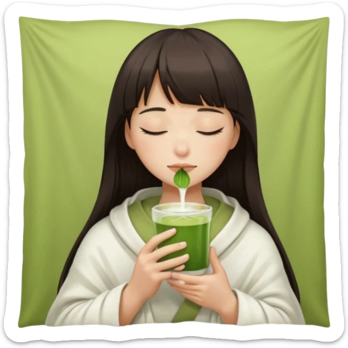 Dark brown hair with straight bang girl inside a white blanket sipping matcha eyes closed sticker