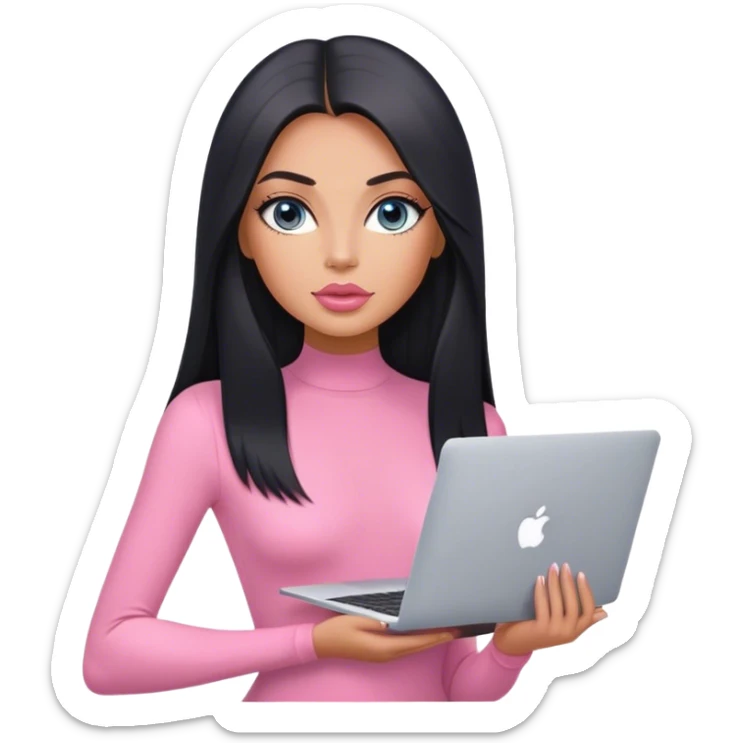 Glamours, tanned, very beautiful girl, with big pump peach-beige-rose lips, black straight smooth silky long hair, straight parting, blue-grey eyes, in pink bodysuit holding MacBook sticker