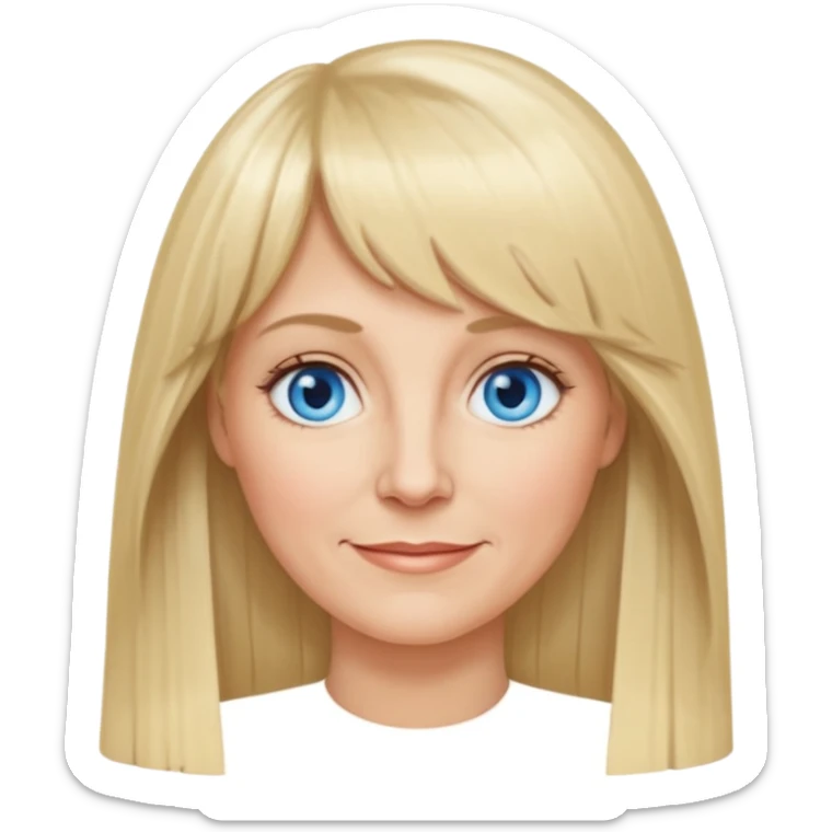 50 yr old white woman, curtain bangs, very long straight blond hair, oval face, small smile, blue eyes, thin face, hair down to elbows sticker