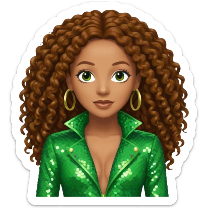 Mel B from Spice Girls with long brown curly hair, green sequin outfit sticker