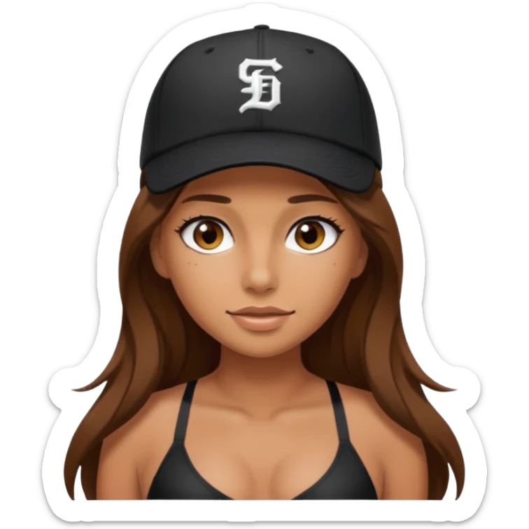 A tanned girl's face with long brown hair Wearing a black baseball cap with black bikini sticker