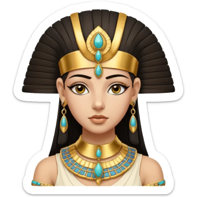 An emoji portrait of a young ancient Egyptian princess. She wears a broad gold collar necklace and a detailed nemes headdress. Her expression is serene and poised. sticker