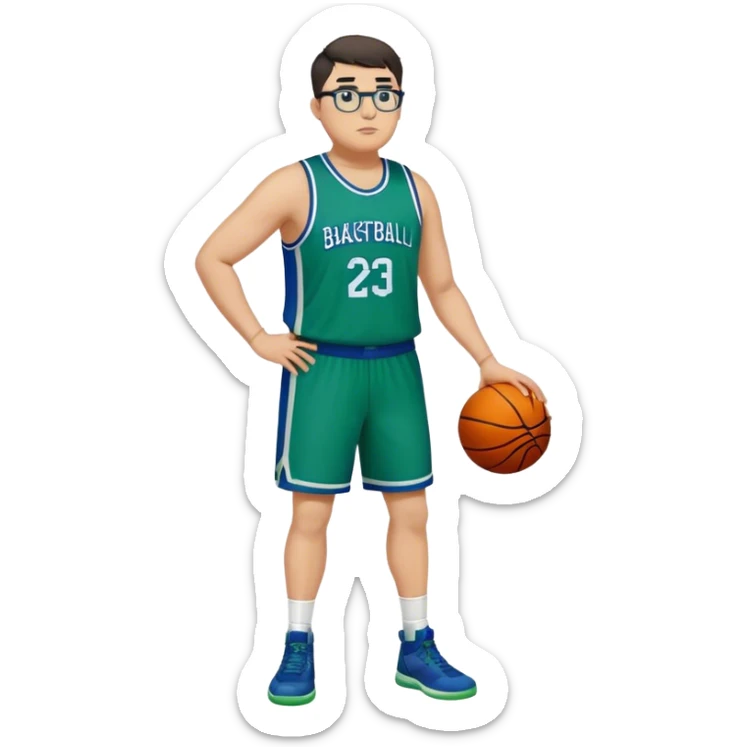 Full Body plus size white male with dark short hair basketball player wearing glasses wearing blue green uniform sticker
