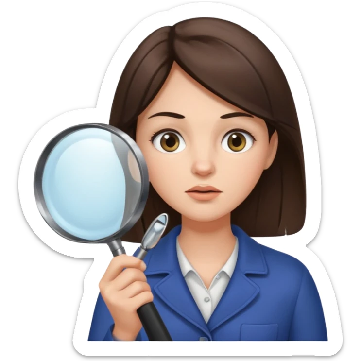 A brunette woman holding a large magnifying glass and squinting at something to intently sticker