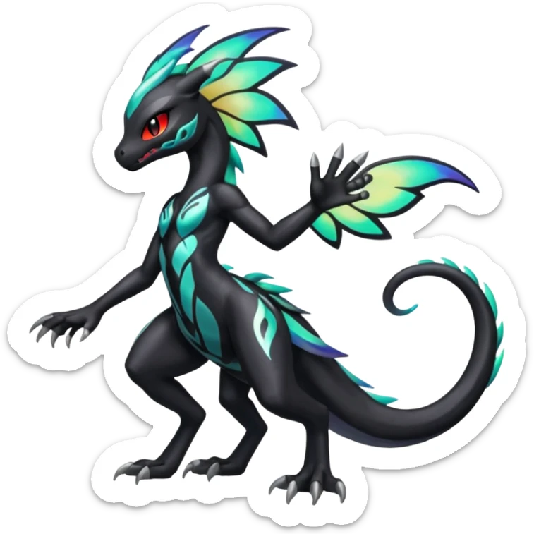 Colorful Shiny Meloetta-Venom-Zekrom-Salandit-fusion, full body, tribal markings  sticker