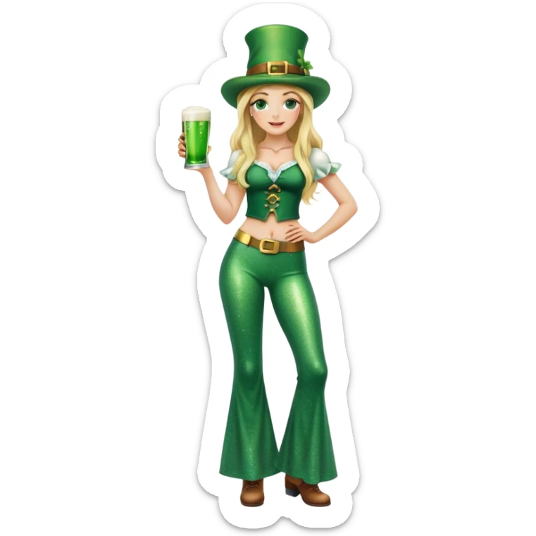 Blonde haired pretty woman with freckles glittery green bell bottoms and tall leprechaun hat holding a green beer sticker