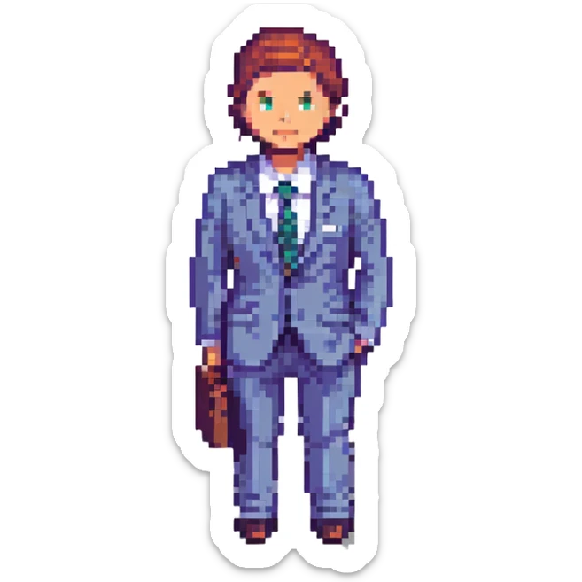 a business man turning his body, pixel art style, suit and tie sticker