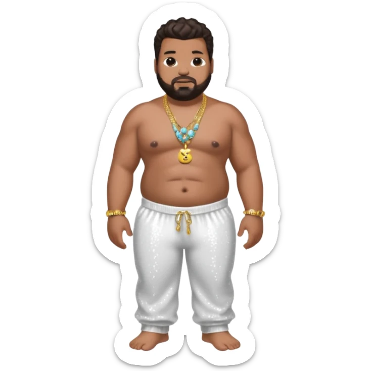 Fatman Scoop with dark brown hair, white sequin baggy pants, shirtless with necklace sticker
