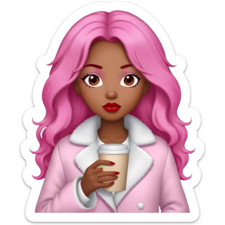 A black woman with a coat white a pijama pink, long Burnet Hair, coffe eyes, red lips  sticker