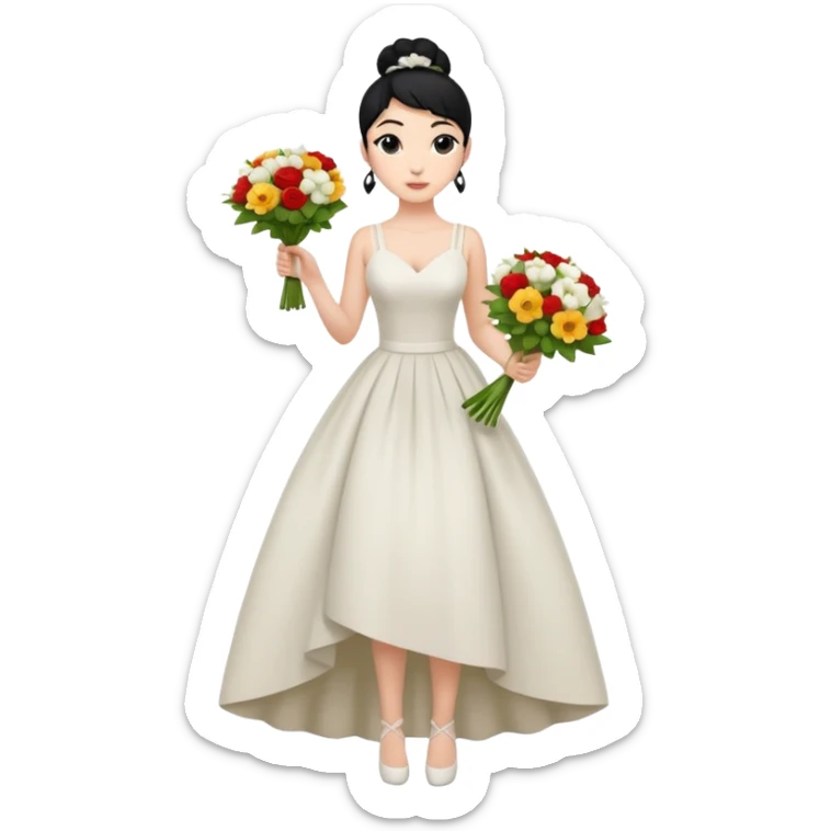 Chica blanca,cuerpo entero, vestido boda asimétrico tirantes , pelo negro,    ramo de flores , pelo recogido en moño alto sticker