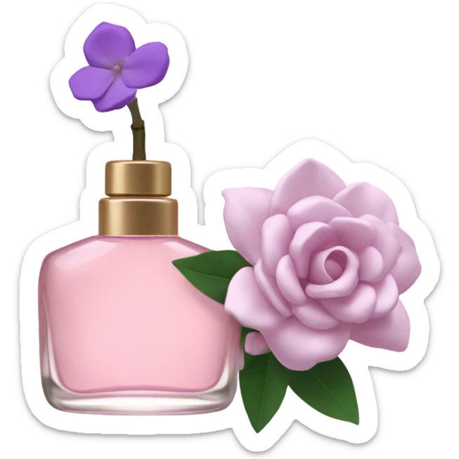 Aesthetic view of blush pink gardenias with a classic violet perfume bottle.
 sticker