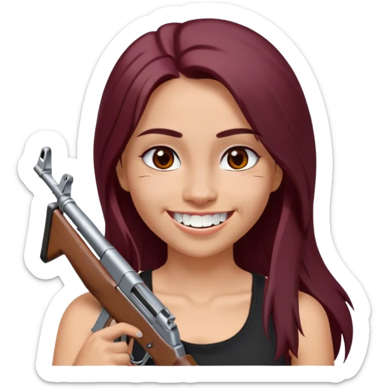 emoji of girl with an ak47 in hand with a black tank top bigger breast, smiling with teeth with maroon dark long hair in a middle part with straight nose hazel eyes medium perfect eye brows with  a nose ring silver on the right nostril  sticker