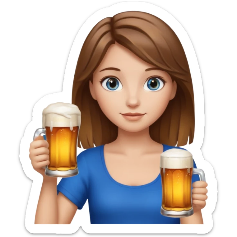 Girl with brown hair and blonde highlights with blue eyes holding beer  sticker