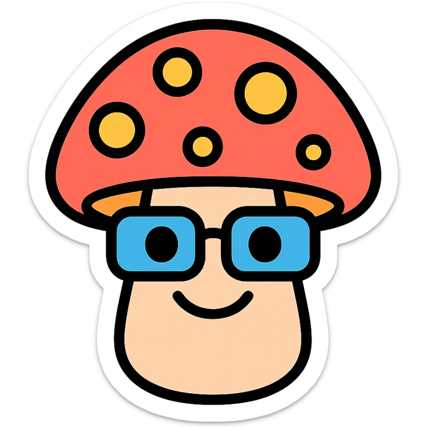 colorful icon of a mushroom with glasses and a smile sticker