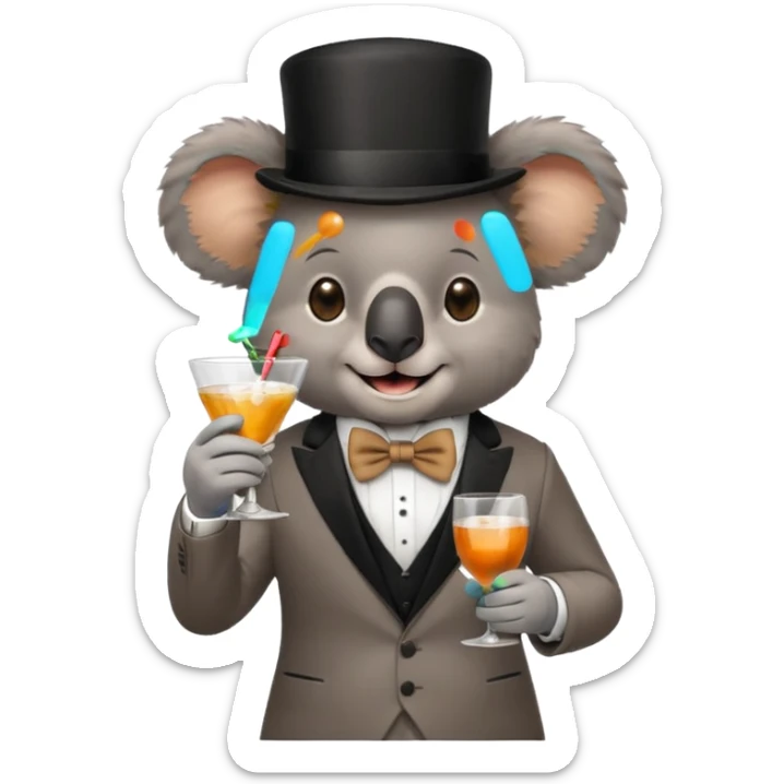 koala wearing suit, bowtie and top hat, holding glass of drink sticker