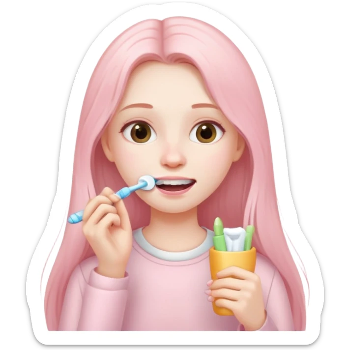 A girl with long hair in pale pink clothes brushes her teeth sticker