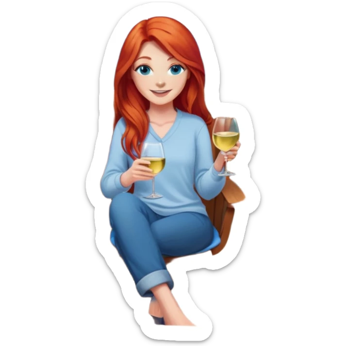 Laughing woman with long red hair and blue eyes holding white wine sitting in chair beside fire pit sticker