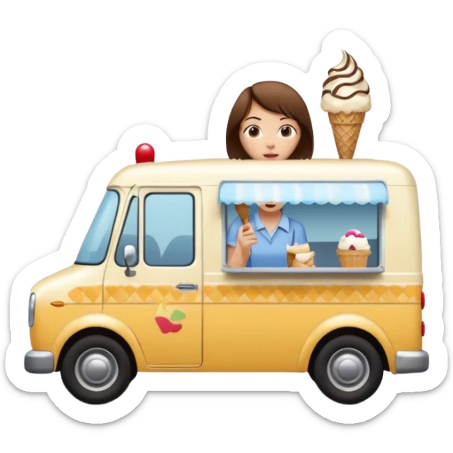 a girl with short brown hair chasing after an ice cream van that is driving away on a road sticker