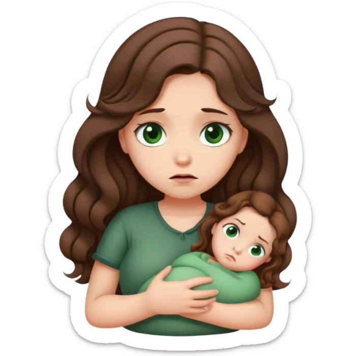 Sad Girl with curled brown long length hair and dark green eyes with belly ache sticker