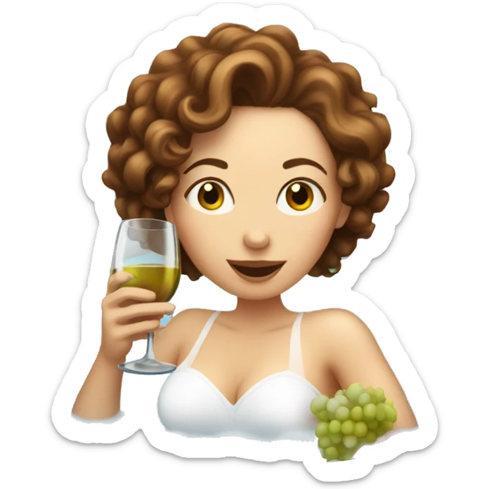 White Woman with curly brown hair drinking wine in a bubble bath sticker