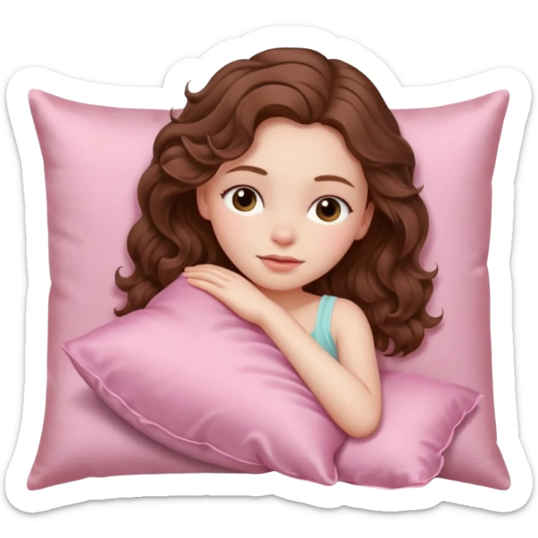 Sleeping beauty pale-skinned girl with brown wavy hair, resting peacefully on a soft pink silk pillow on her side, wearing pastel pink sticker