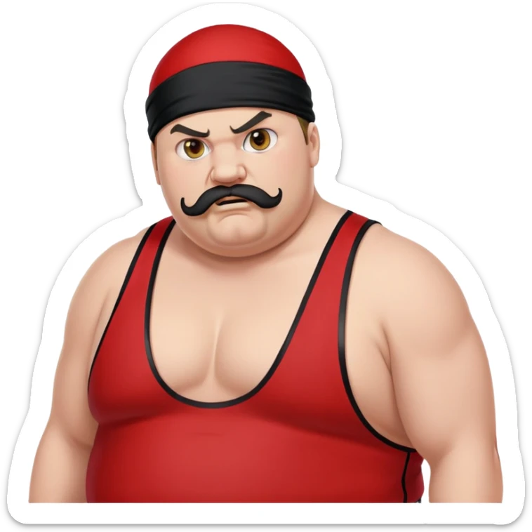 Extreme close-up of face of morbidly obese white skin guy with young face, prominent BLACK DURAG tied clearly on head, distinct black beard and mustache, black eyes in a red and black wrestling singlet with angry expression sticker