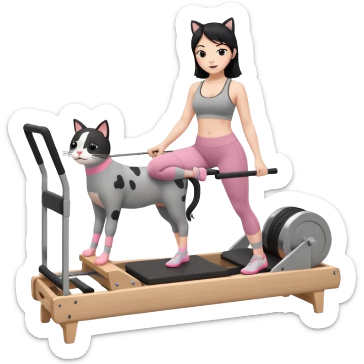 Create a Pilates emoji: a girl with fair skin and black hair, wearing a grey bra and grey leggings with pink pilates socks, doing cat-cow on a wooden reformer. Make it look at the reformer. Make the colors neutrals. sticker