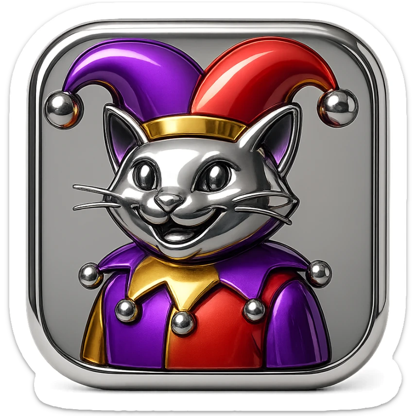 crazy colorful cute little cat jolly joker from poker, medieval, vintage, court jester, mac os icon, purple, gold and red color, half body. Squared shape as 3D mac os icon sticker