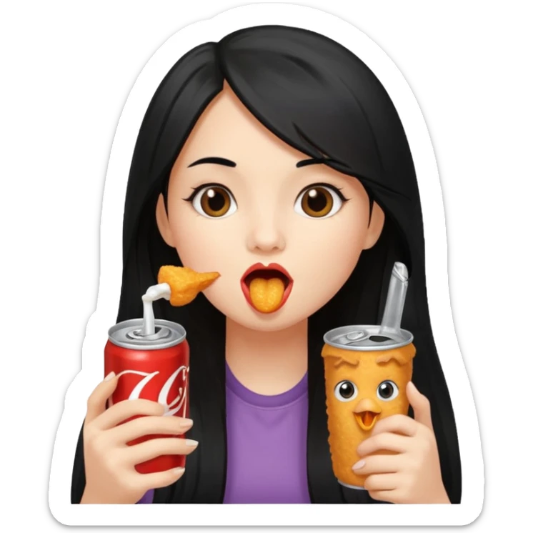 girl with long black hair eating with mouth on the chicken nugget and holding a soda can sticker