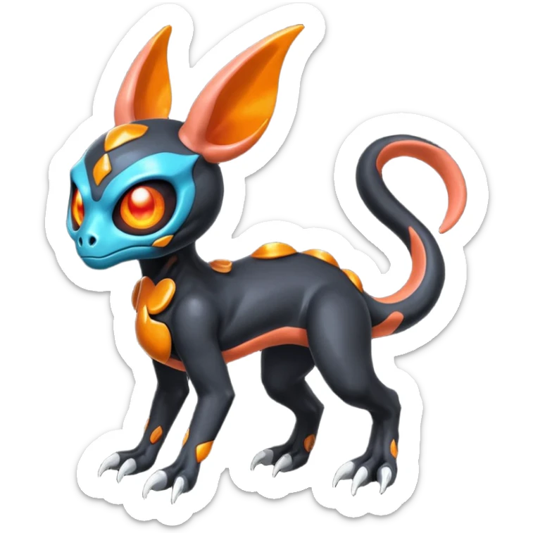 Shiny Spooky Black And Orange Duskull-Salandit-Sylveon-Fakémon-hybrid-creature (full body)  sticker